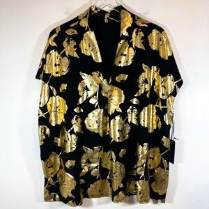 NWT Rachel Roy Black Gold Foil Metallic Floral V Neck Blouse short size size 1X